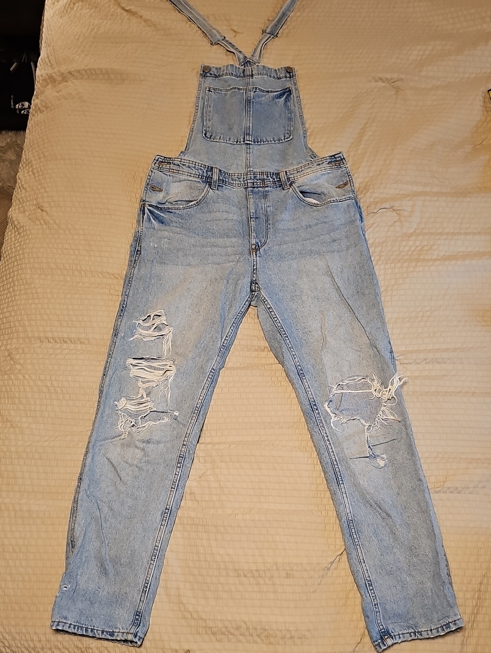 &Denim Light Wash Distressed Denim Overalls
